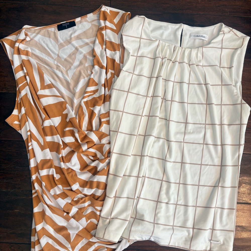 Calvin Klein and Tahari Tan Grid Sleeveless Top
